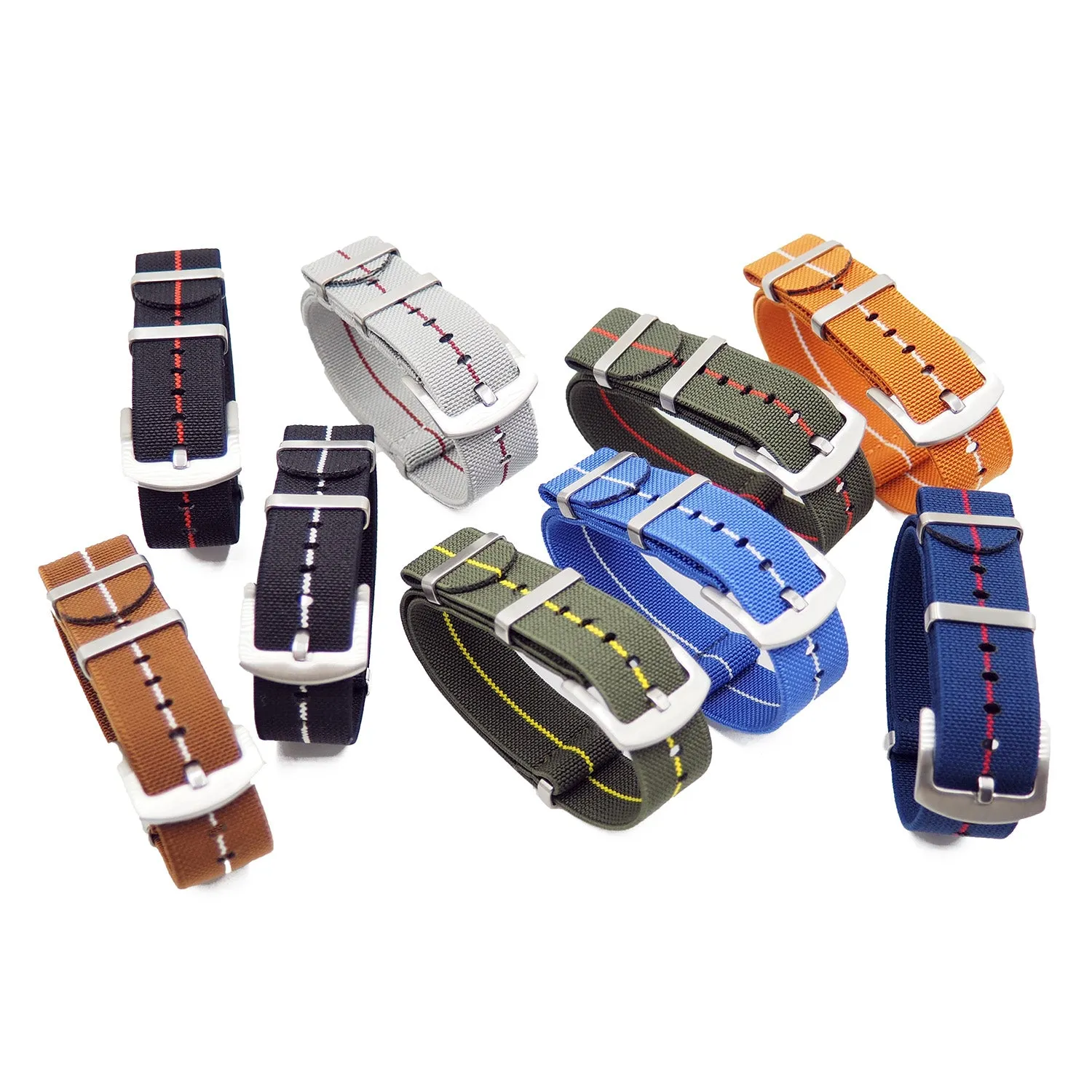 20mm, 22mm Military Style Multi Color Elastic Nylon Watch Strap, Tang Buckle Style, 9 Colors