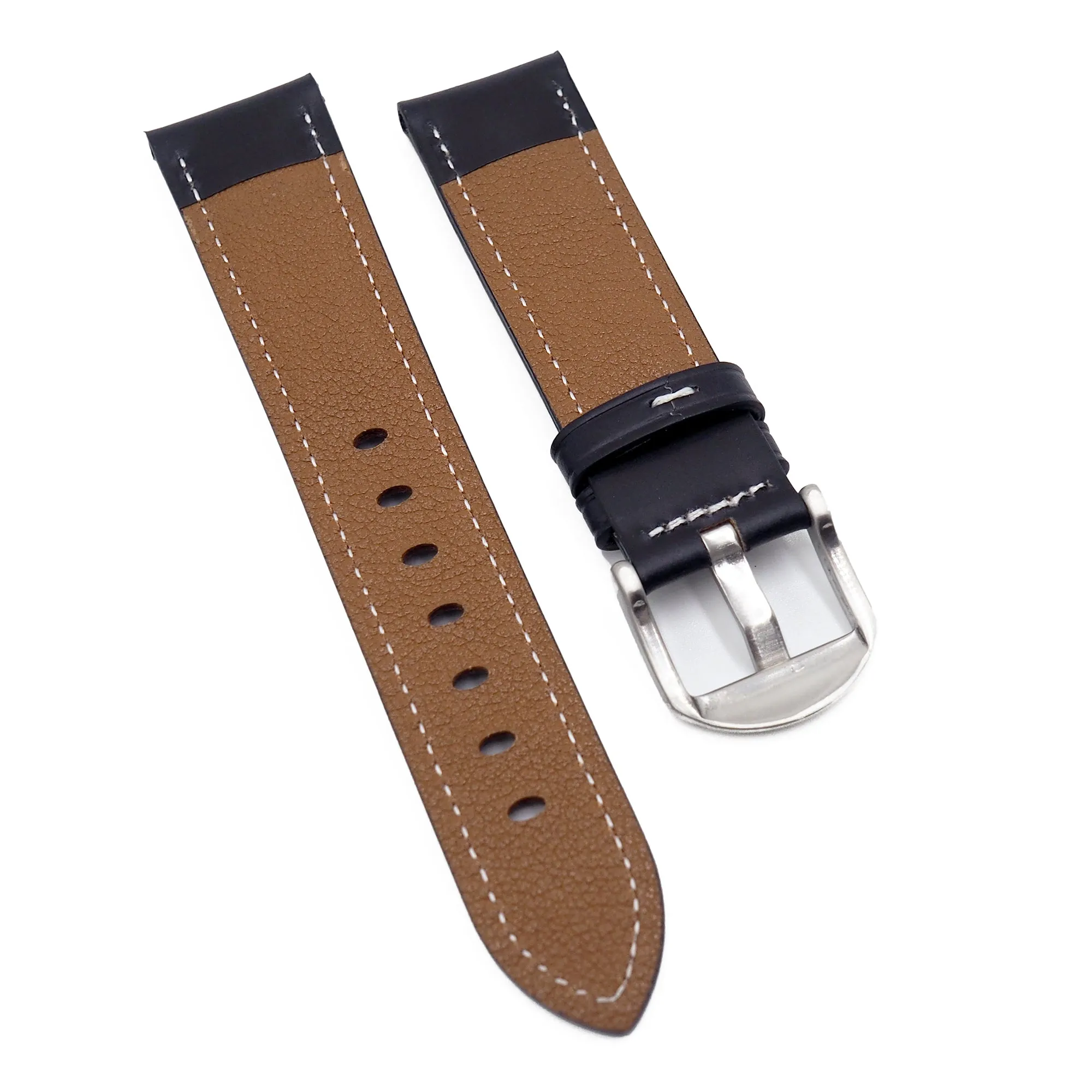 22mm, 24mm Black Bridle Leather Watch Strap, White Stitching