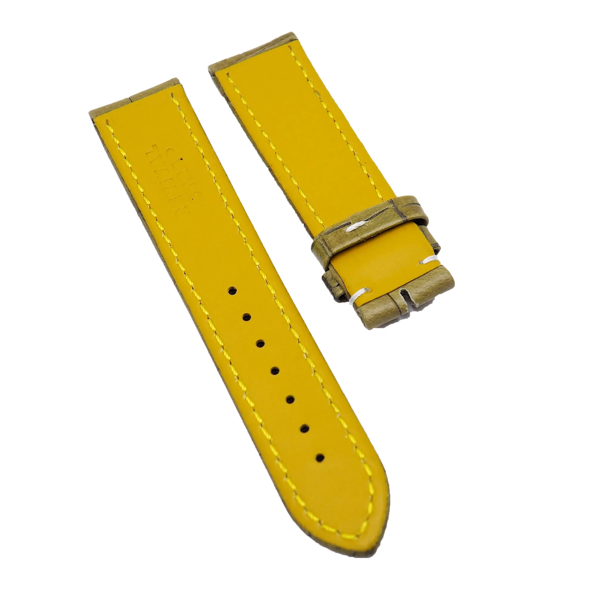 22mm Olive Green Alligator Embossed Calf Leather Watch Strap, White Stitching For Breitling