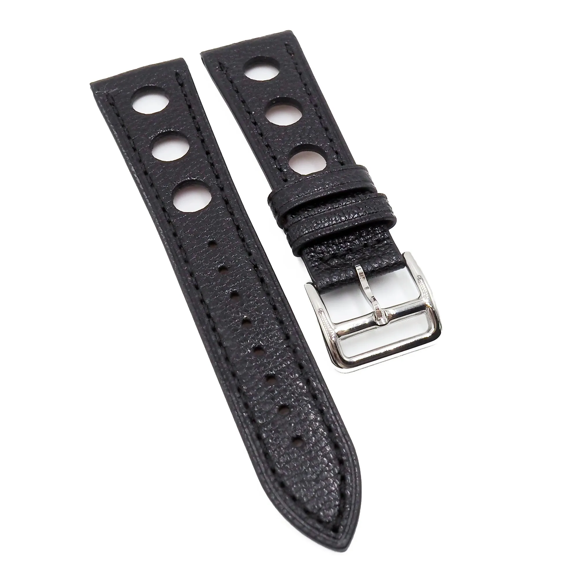 22mm Rally Style Black Calf Leather Watch Strap