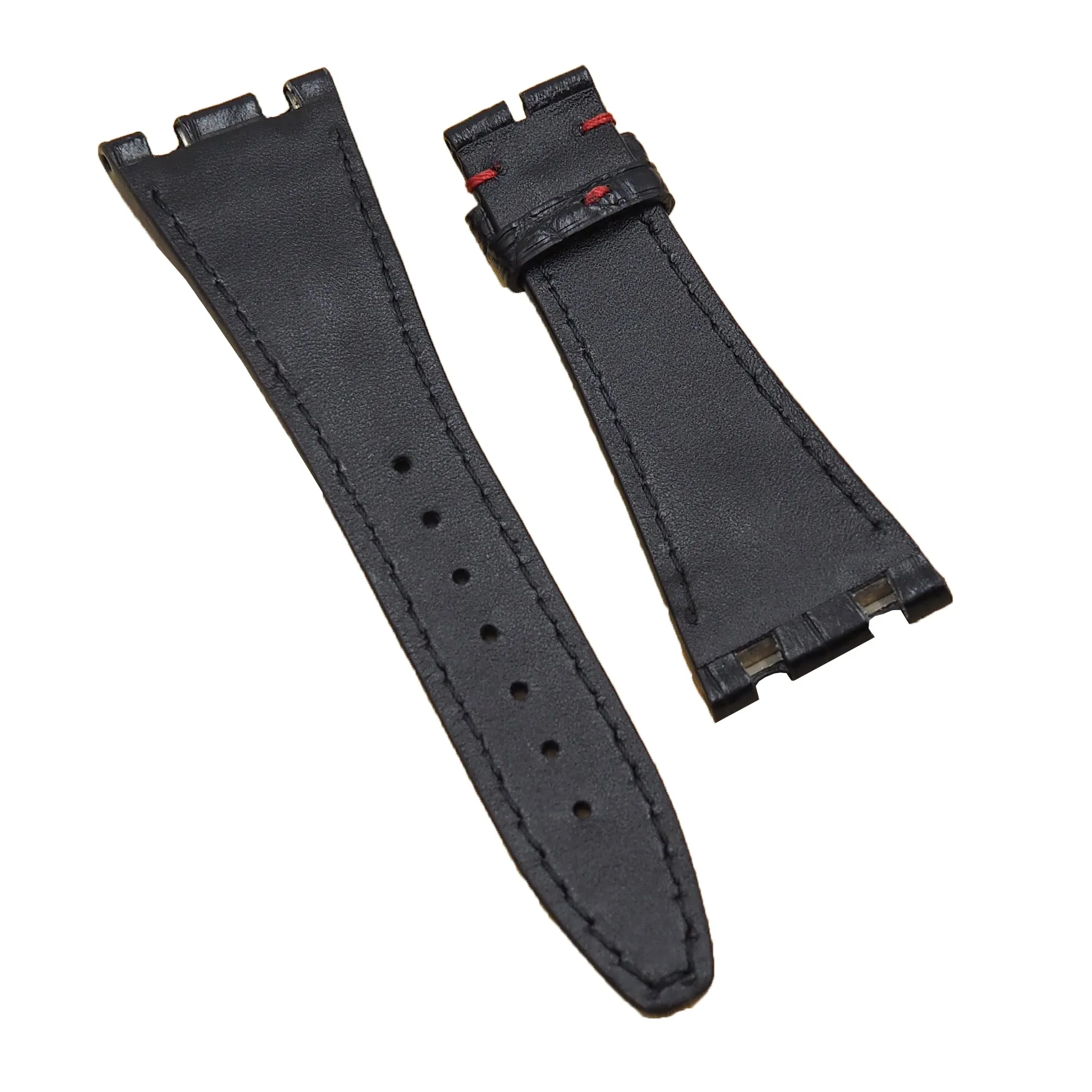 28mm Black Alligator Leather Watch Strap, Red Stitching For Audemars Piguet Royal Oak Offshore