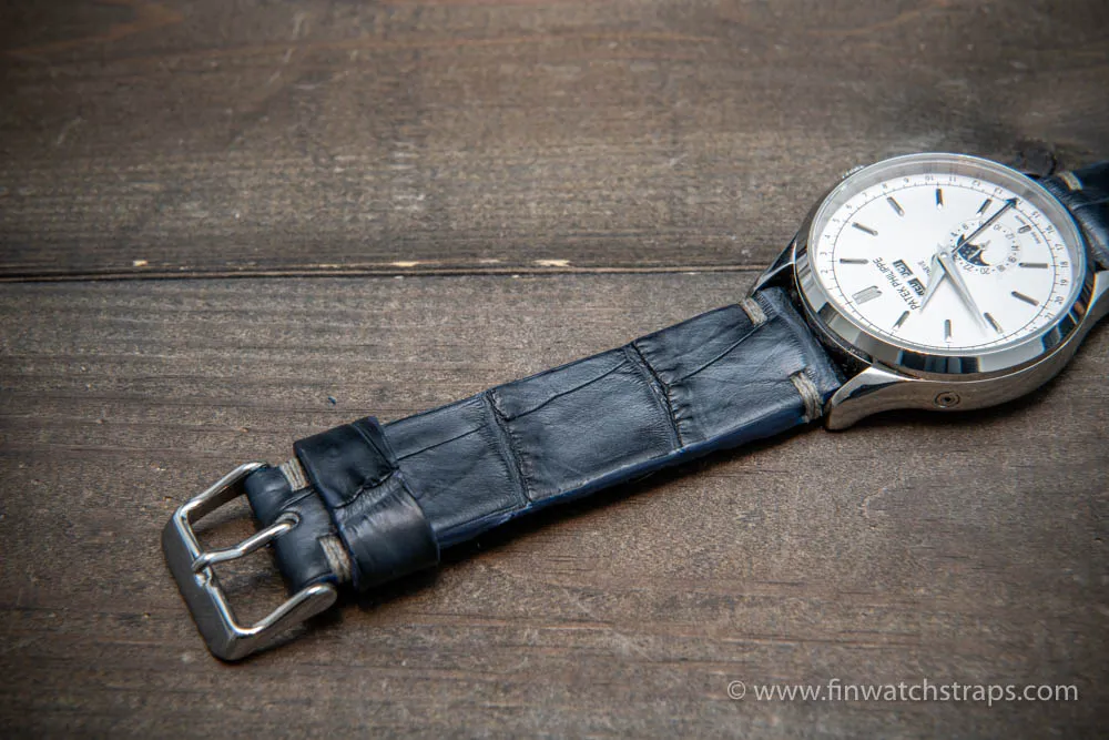 Alligator watch strap navy blue matte, handmade in Finland