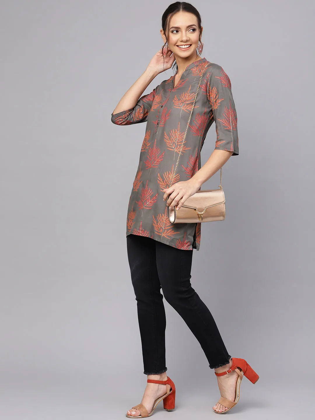 Anubhutee Women Charcoal Grey  Red Printed Straight Kurti