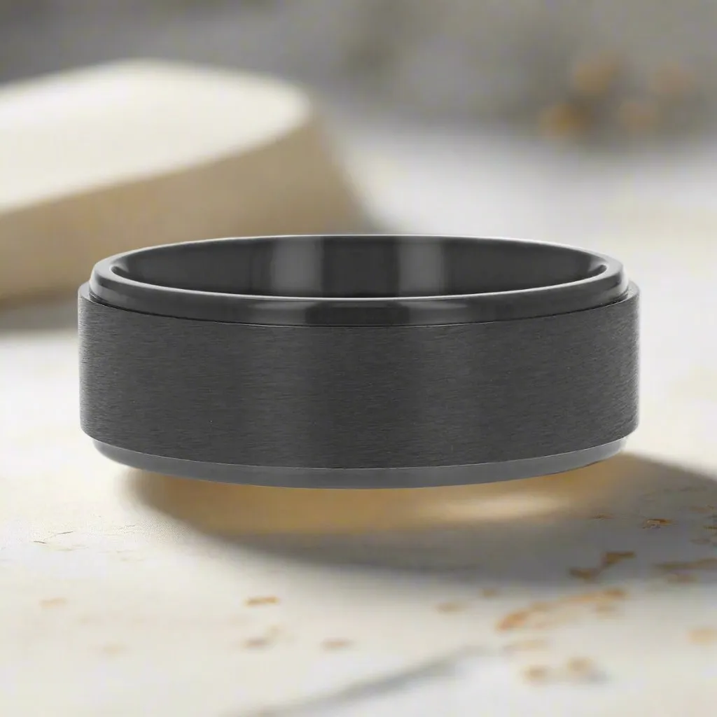 BABYLON | Black Titanium Ring, Brushed Raised Center, Stepped Edges