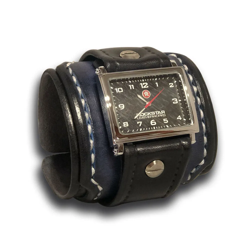 Black & Blue Layered Leather Cuff Watch with White Stitching