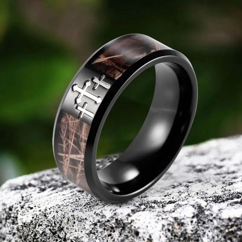 Black Camo Cross Titanium Band Ring