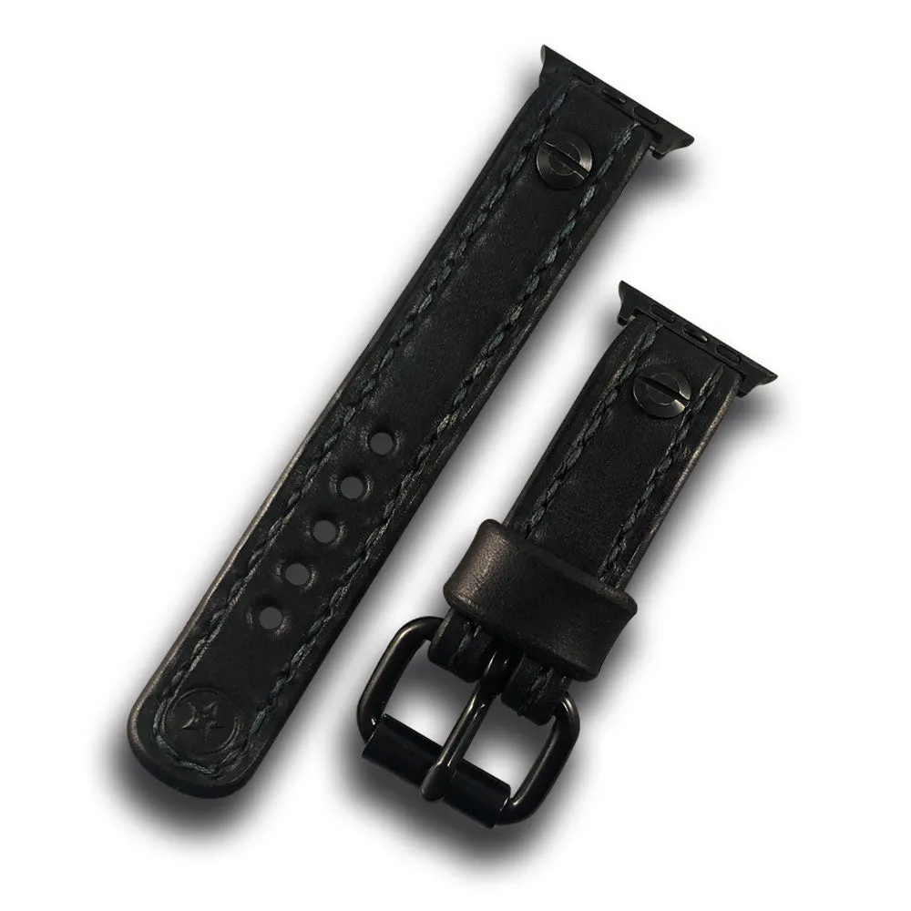 Black Leather Apple iWatch Straps with Dark Green Stitching