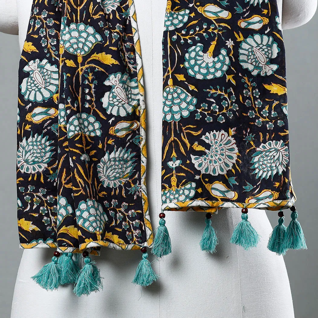 Black - Sanganeri Block Printed Cotton Stole with Tassels