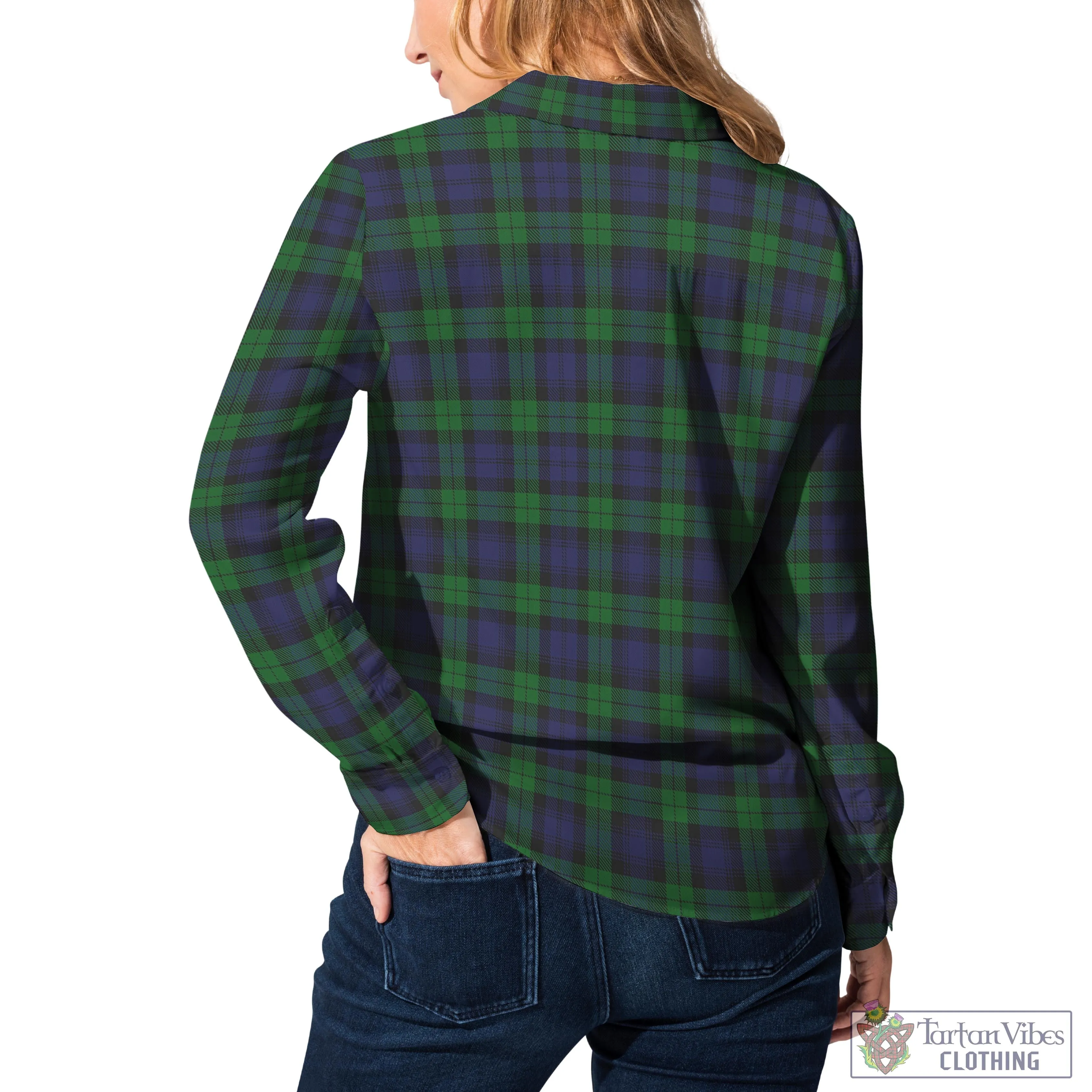 Black Watch Tartan Women's Casual Shirt with Family Crest