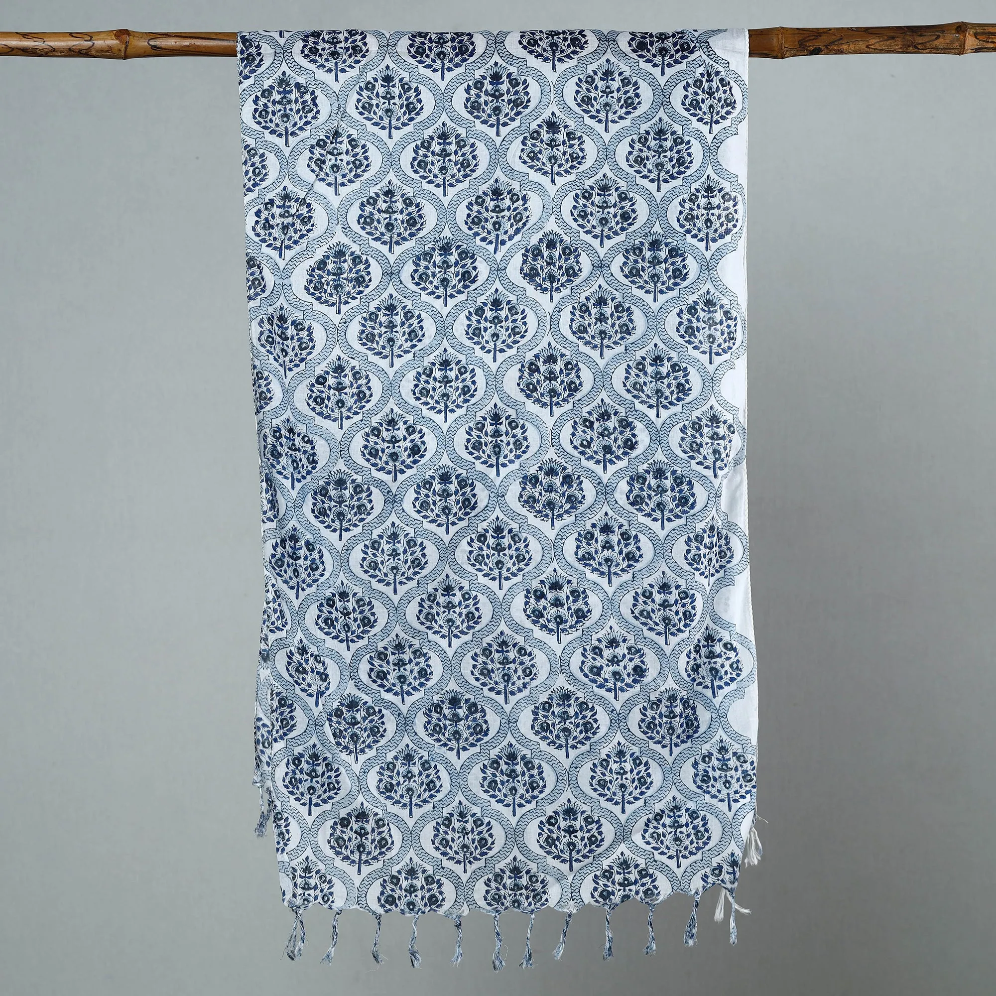 Blue - Sanganeri Block Printed Cotton Stole with Tassels 105