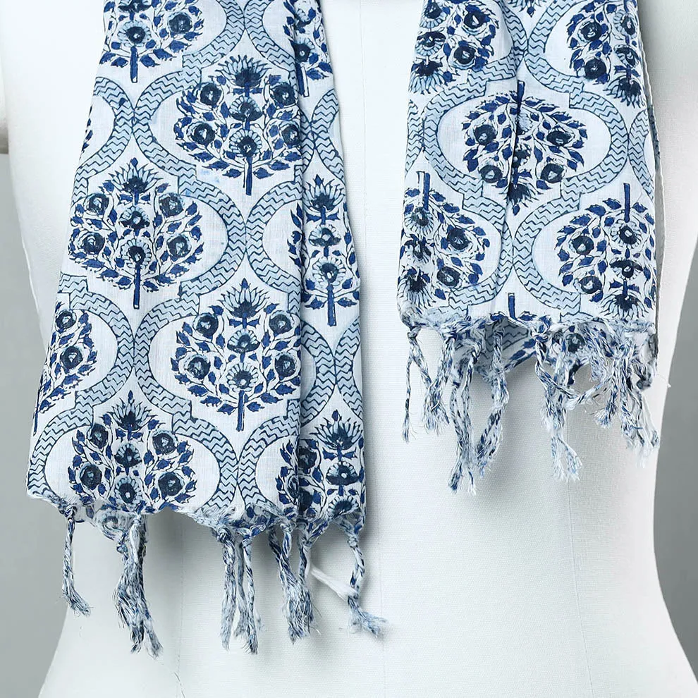 Blue - Sanganeri Block Printed Cotton Stole with Tassels 105