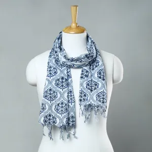 Blue - Sanganeri Block Printed Cotton Stole with Tassels 105