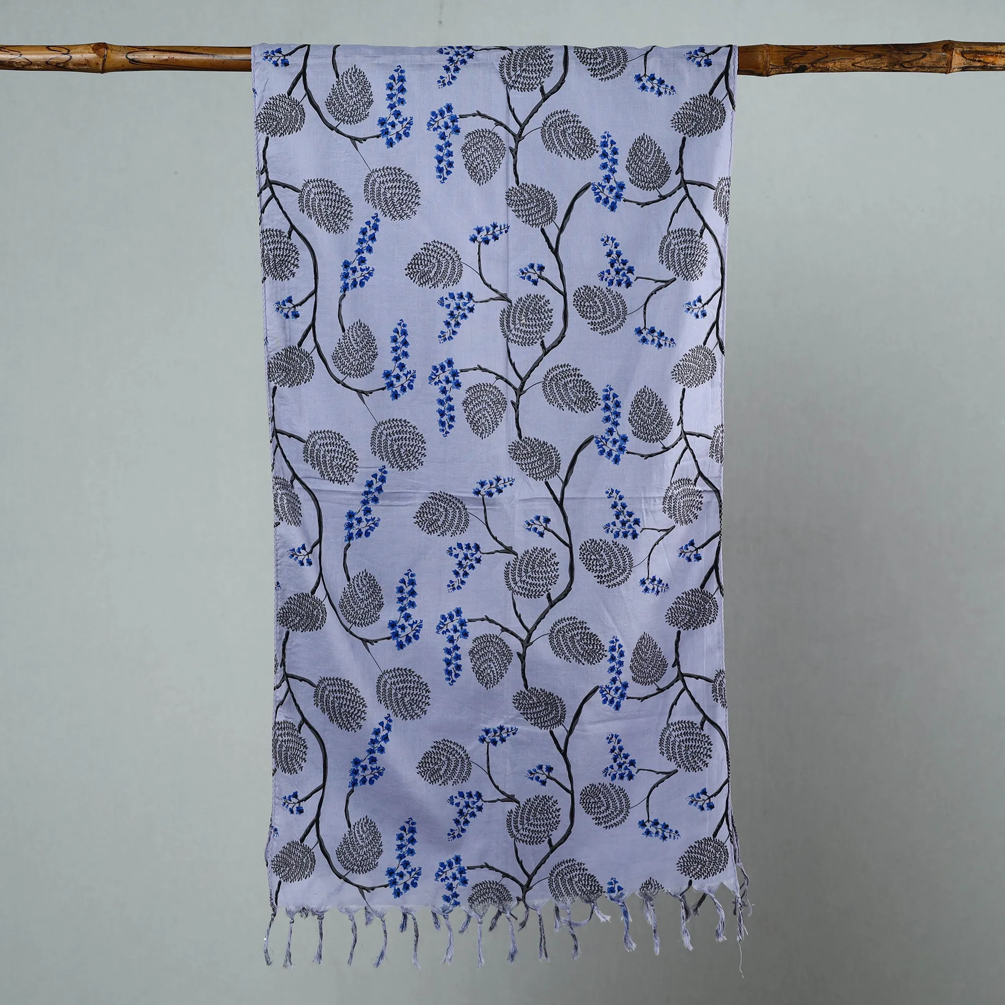 Blue - Sanganeri Block Printed Cotton Stole with Tassels 84