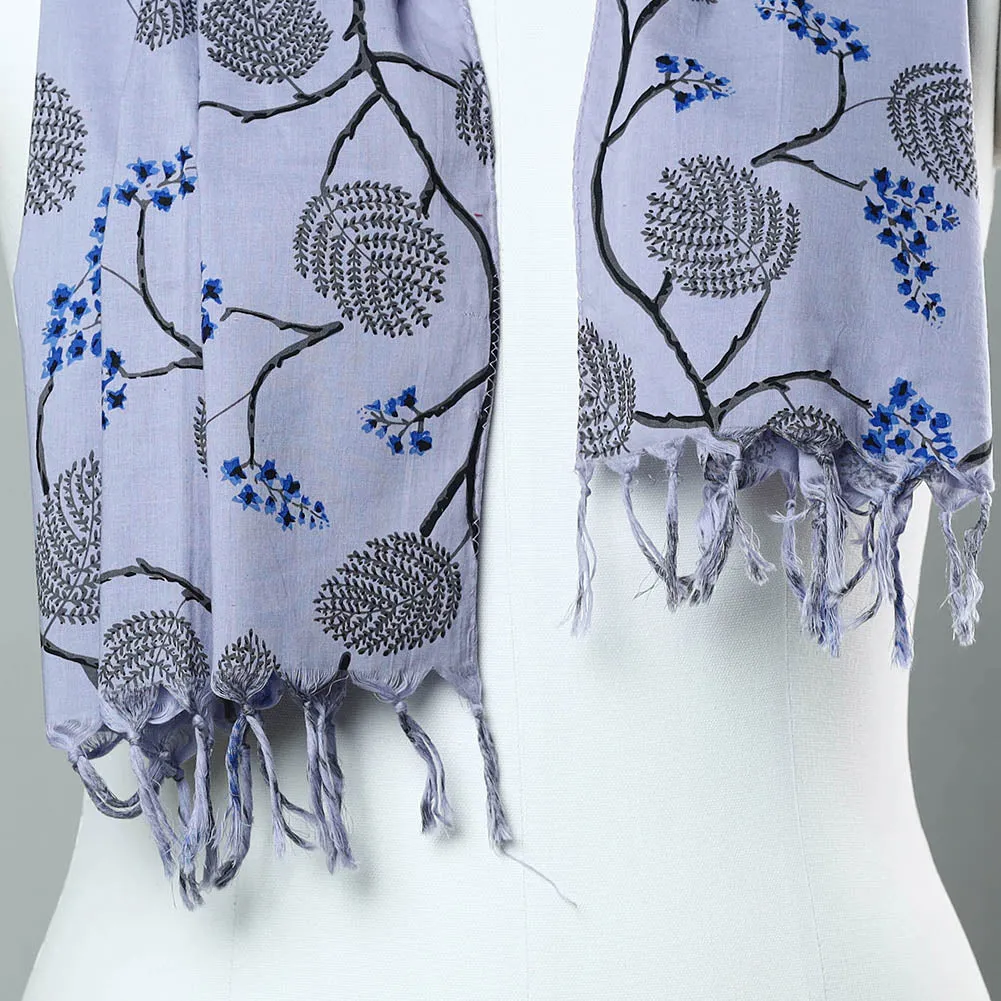 Blue - Sanganeri Block Printed Cotton Stole with Tassels 84