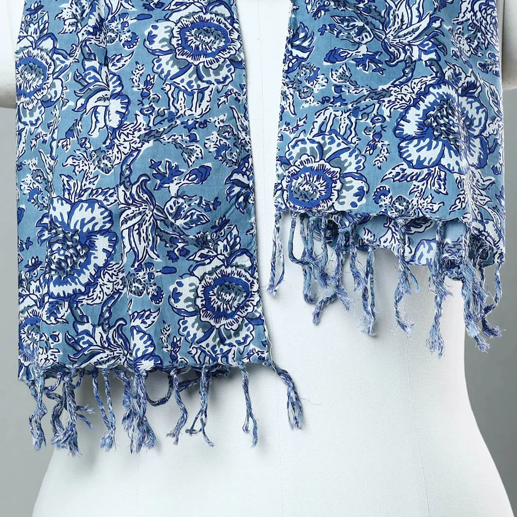 Blue - Sanganeri Block Printed Cotton Stole with Tassels 85