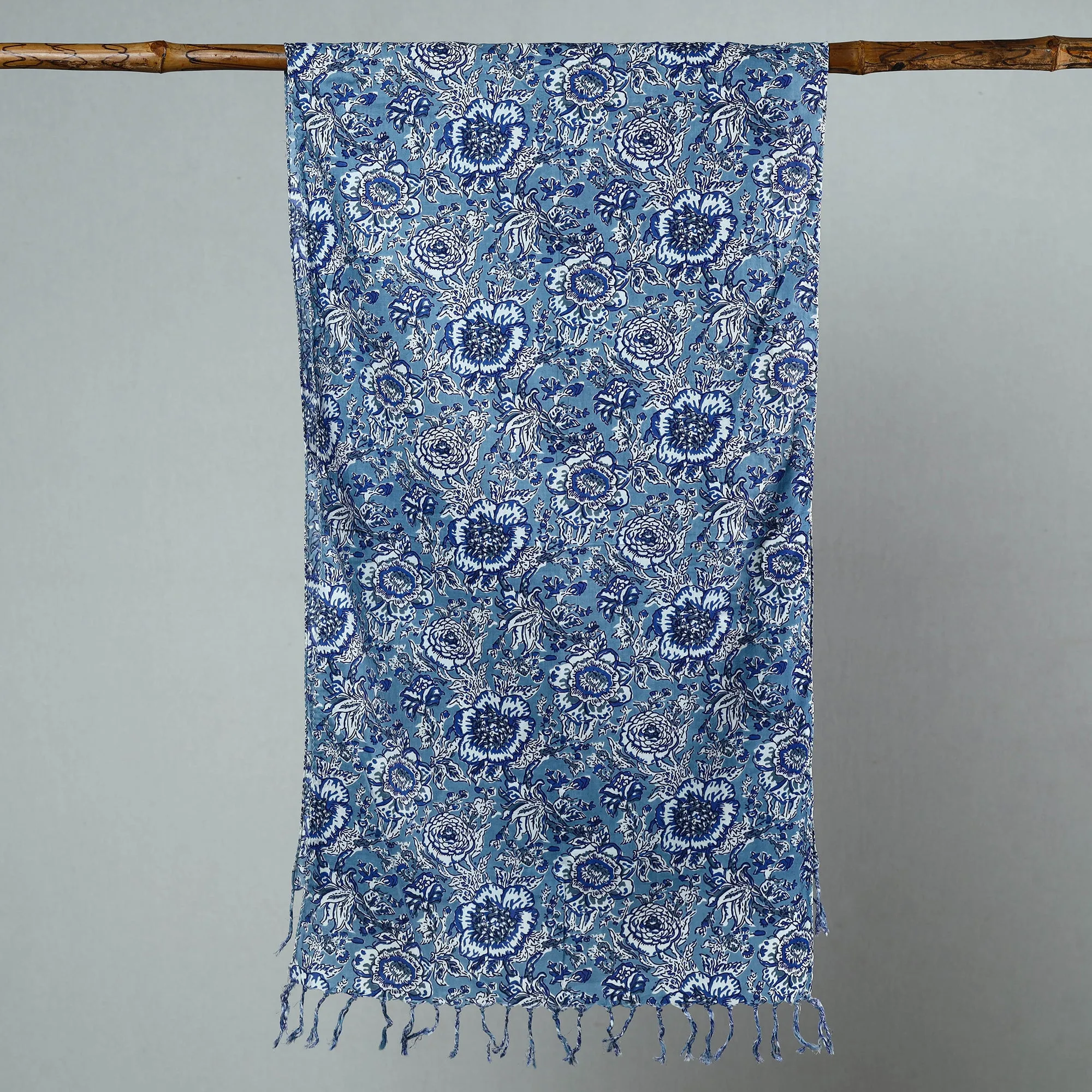 Blue - Sanganeri Block Printed Cotton Stole with Tassels 85