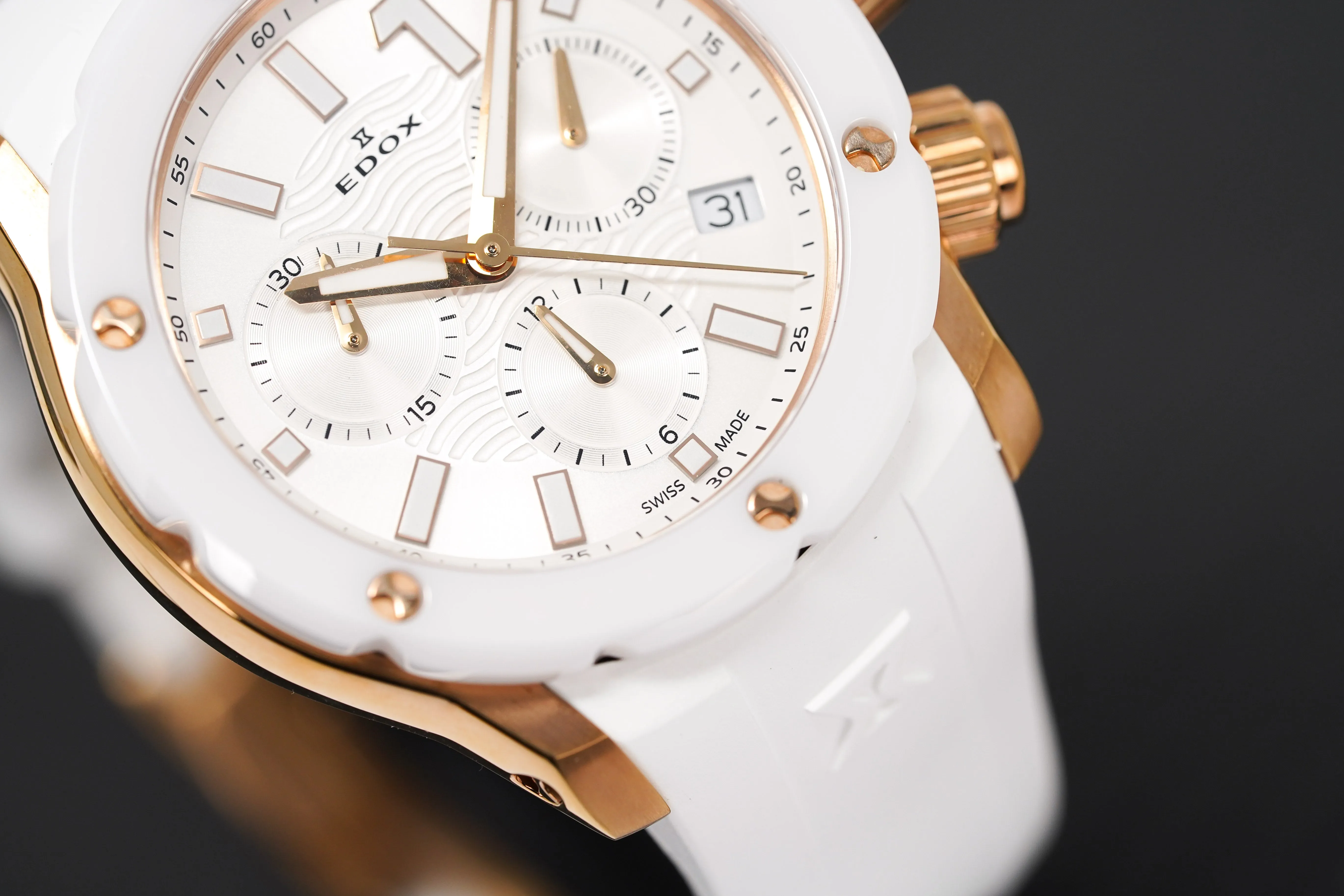 Edox Ladies Chronograph Watch Chronoffshore-1 White and Rose Gold 38mm 10225 37RB BIR