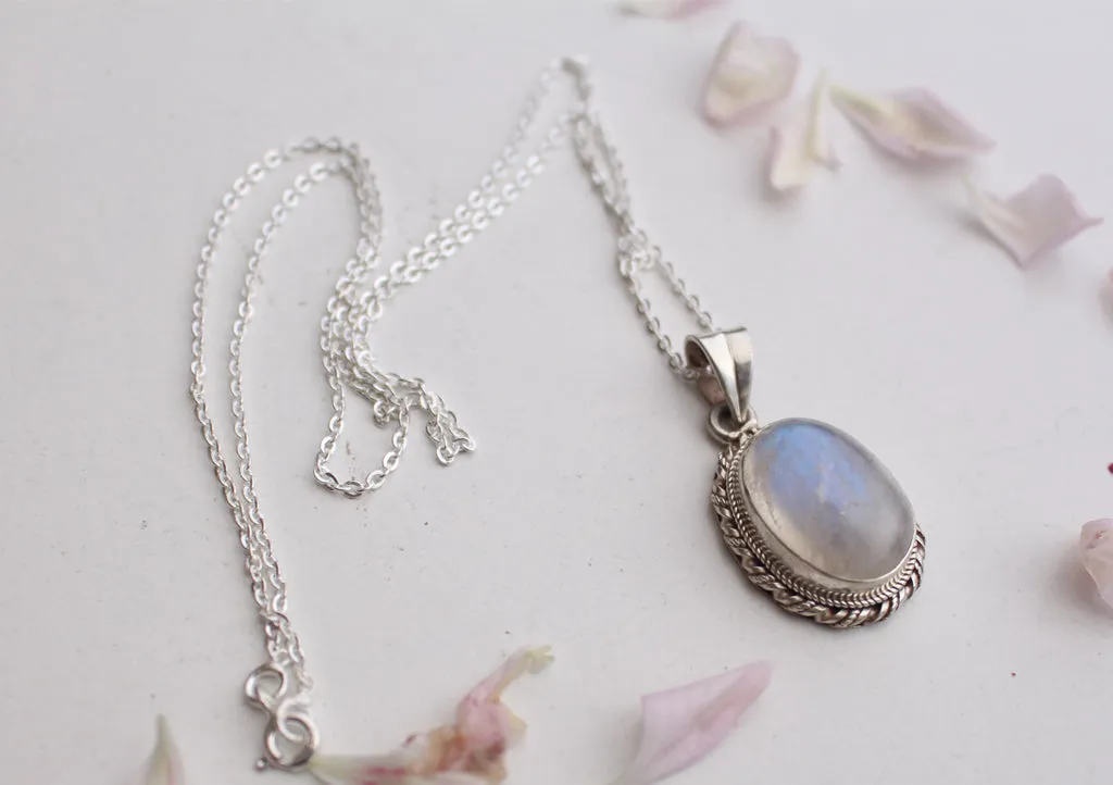 Elegant Blue Moonstone Pendant with Silver Chain 925 Silver Sterling