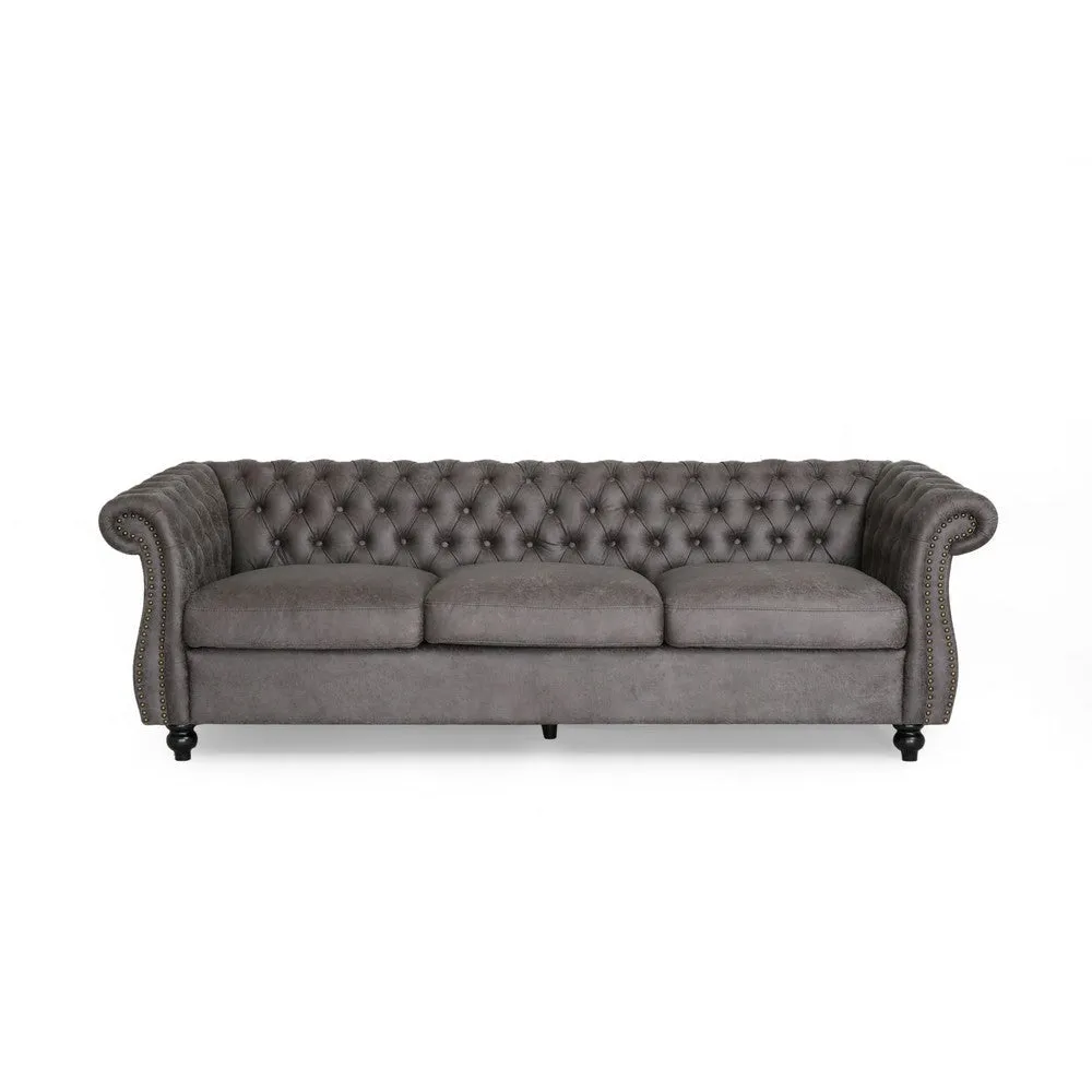 Feji Sofa, 85 Inch, Button Tufted, Nailhead Trim, Slate Gray Microfiber By Casagear Home