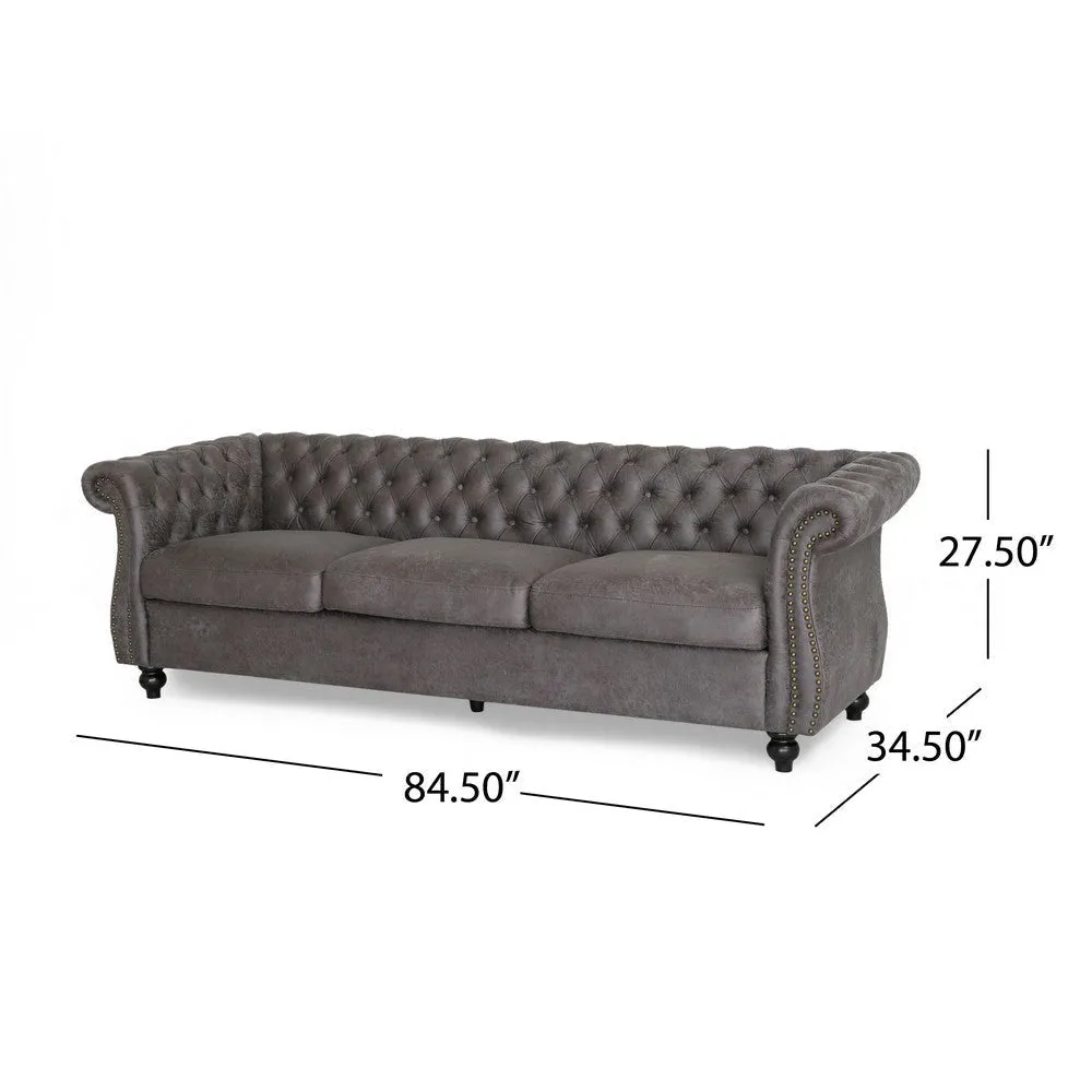 Feji Sofa, 85 Inch, Button Tufted, Nailhead Trim, Slate Gray Microfiber By Casagear Home