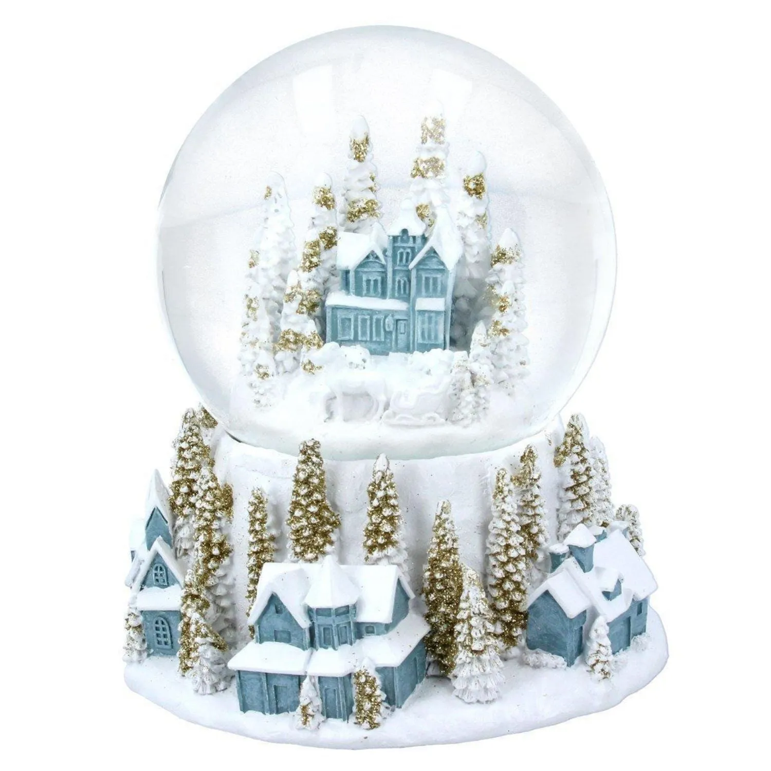 Gisela Graham 16cm Blue & Gold Resin Village Snowglobe