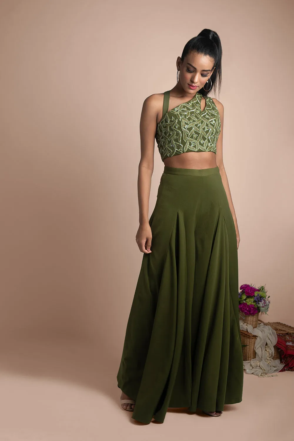 Green Draped Pants And Crop Top Set