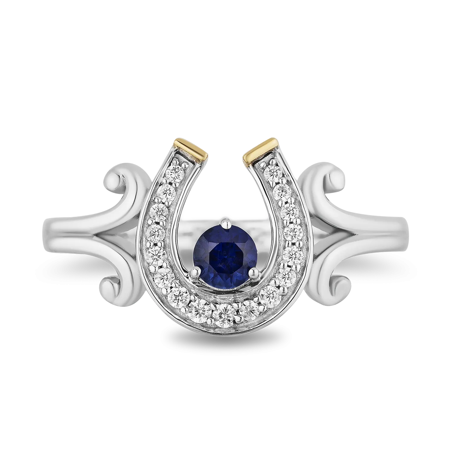 Hallmark Fine Jewelry Good Luck Horseshoe Ring in Sterling Silver & 14K Yellow gold with Created Blue Sapphire & Diamonds