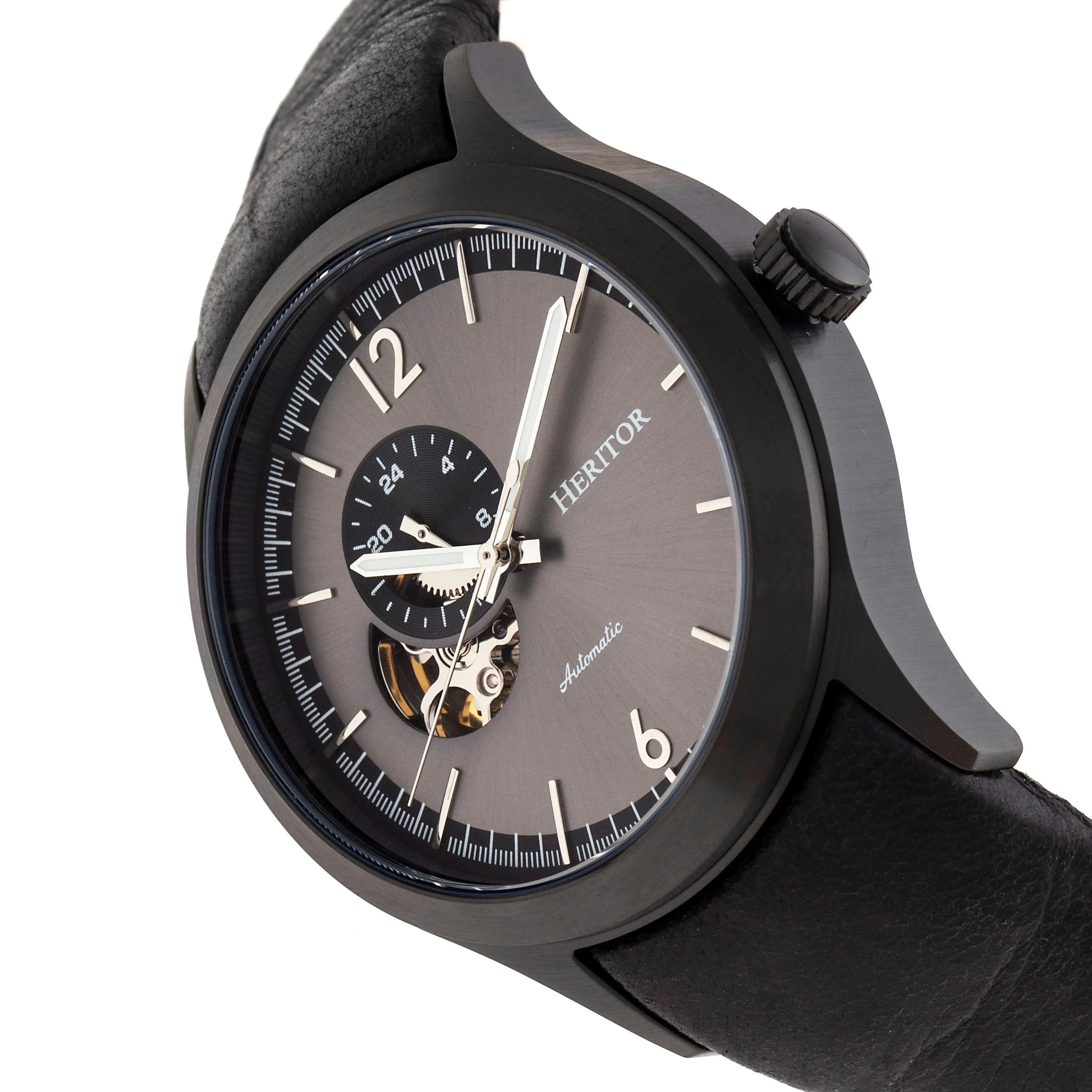 Heritor Automatic Antoine Semi-Skeleton Leather-Band Watch - Black/Charcoal