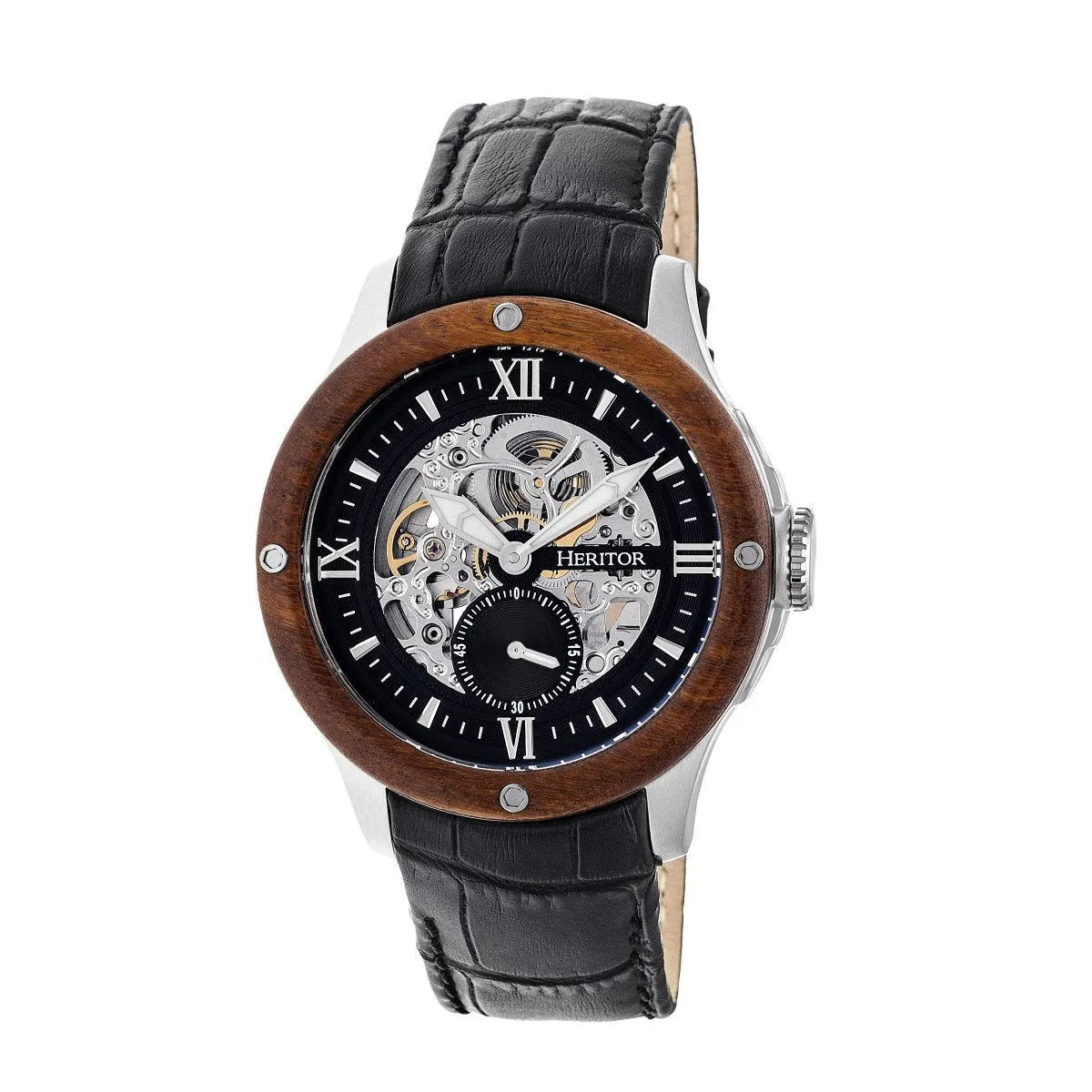 Heritor Automatic Belmont Wood Bezel Skeleton Leather-Band Watch