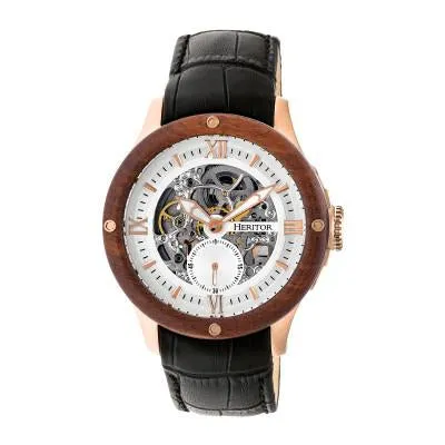 Heritor Automatic Belmont Wood Bezel Skeleton Leather-Band Watch