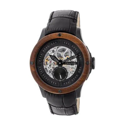 Heritor Automatic Belmont Wood Bezel Skeleton Leather-Band Watch