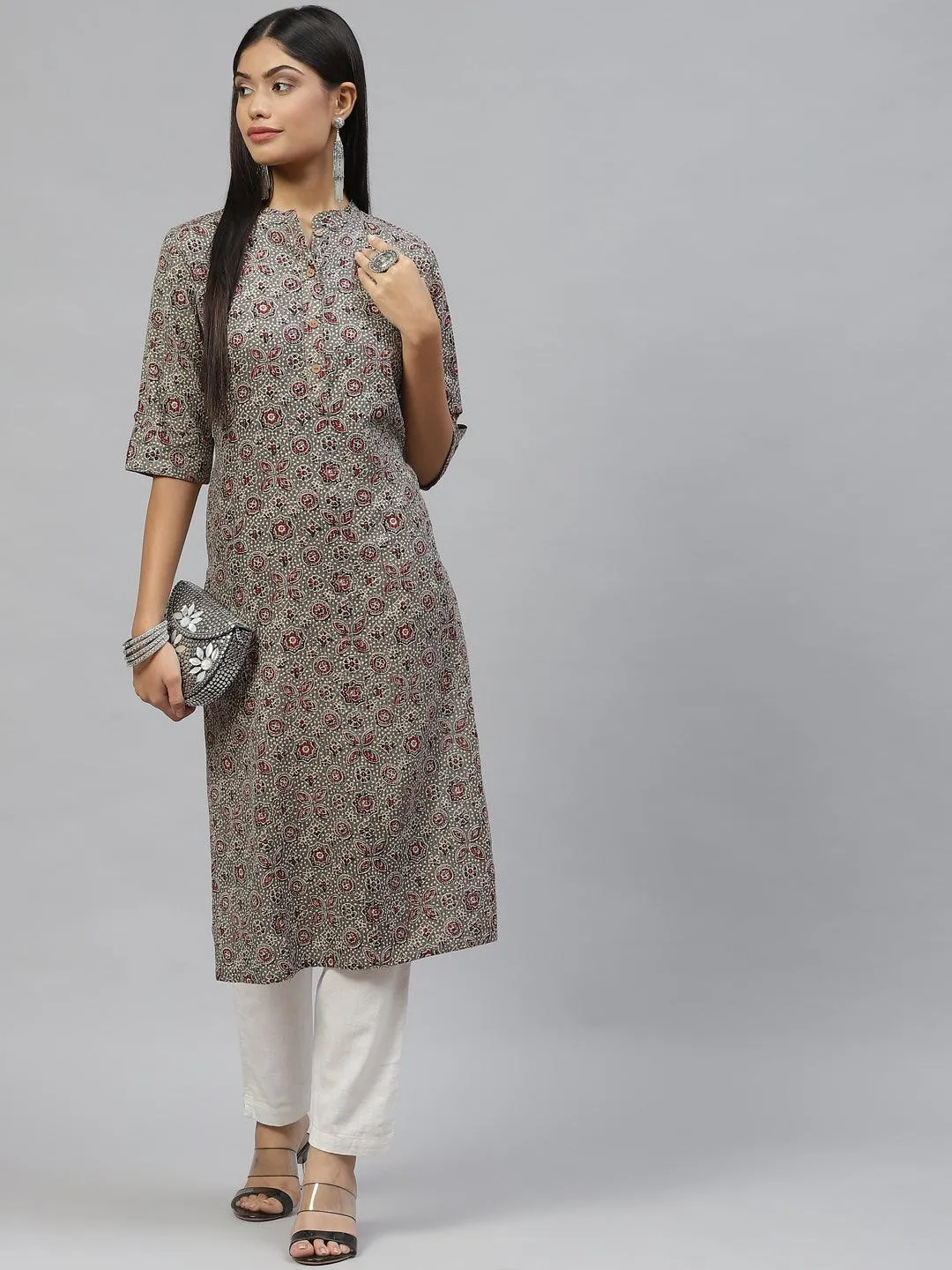 Jashvi Dark Gray and Maroon Cotton Straight Kurta