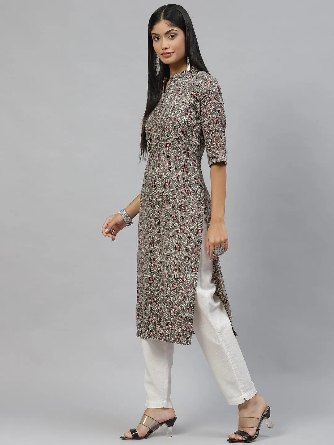 Jashvi Dark Gray and Maroon Cotton Straight Kurta