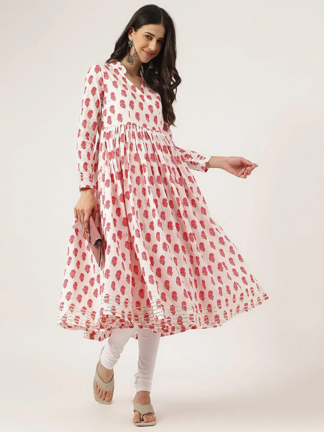 Jashvi White and Red Floral Printed Angarakha Kurta