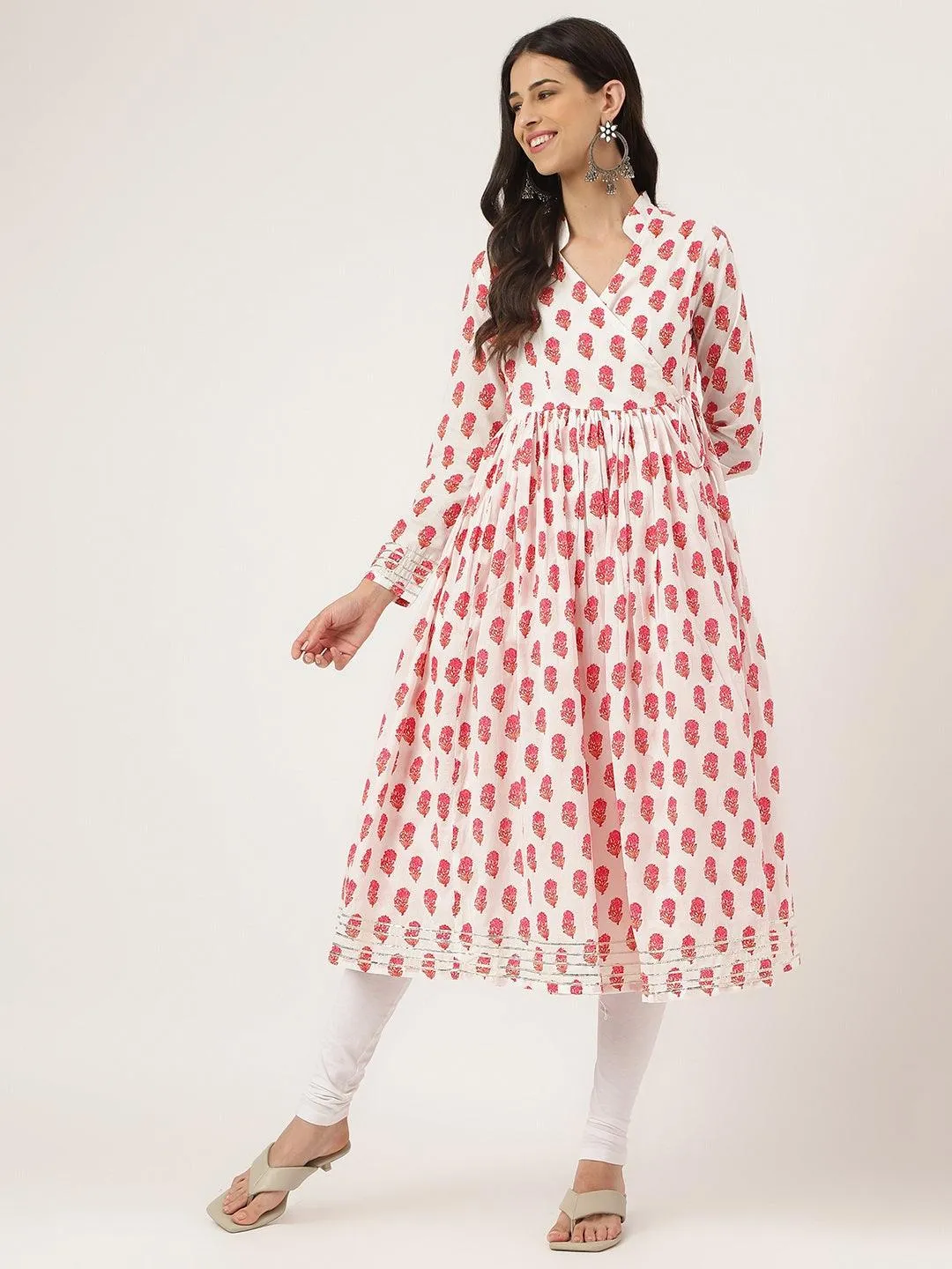 Jashvi White and Red Floral Printed Angarakha Kurta