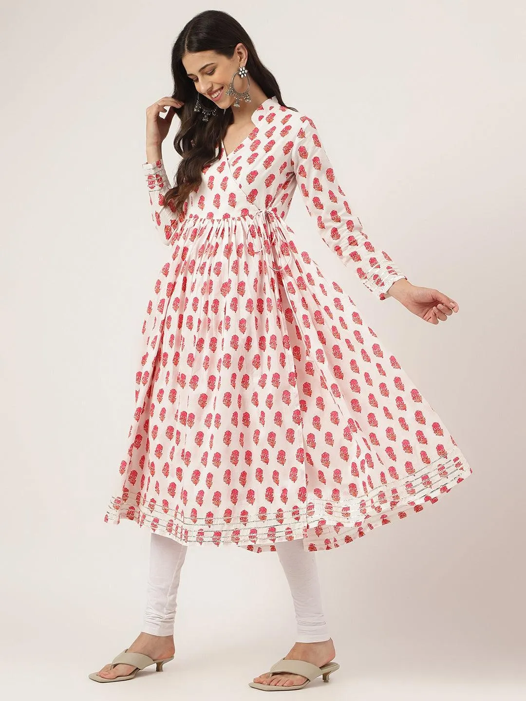 Jashvi White and Red Floral Printed Angarakha Kurta