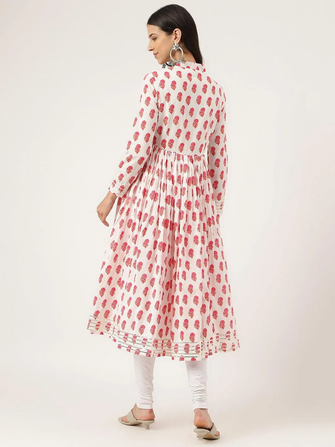 Jashvi White and Red Floral Printed Angarakha Kurta