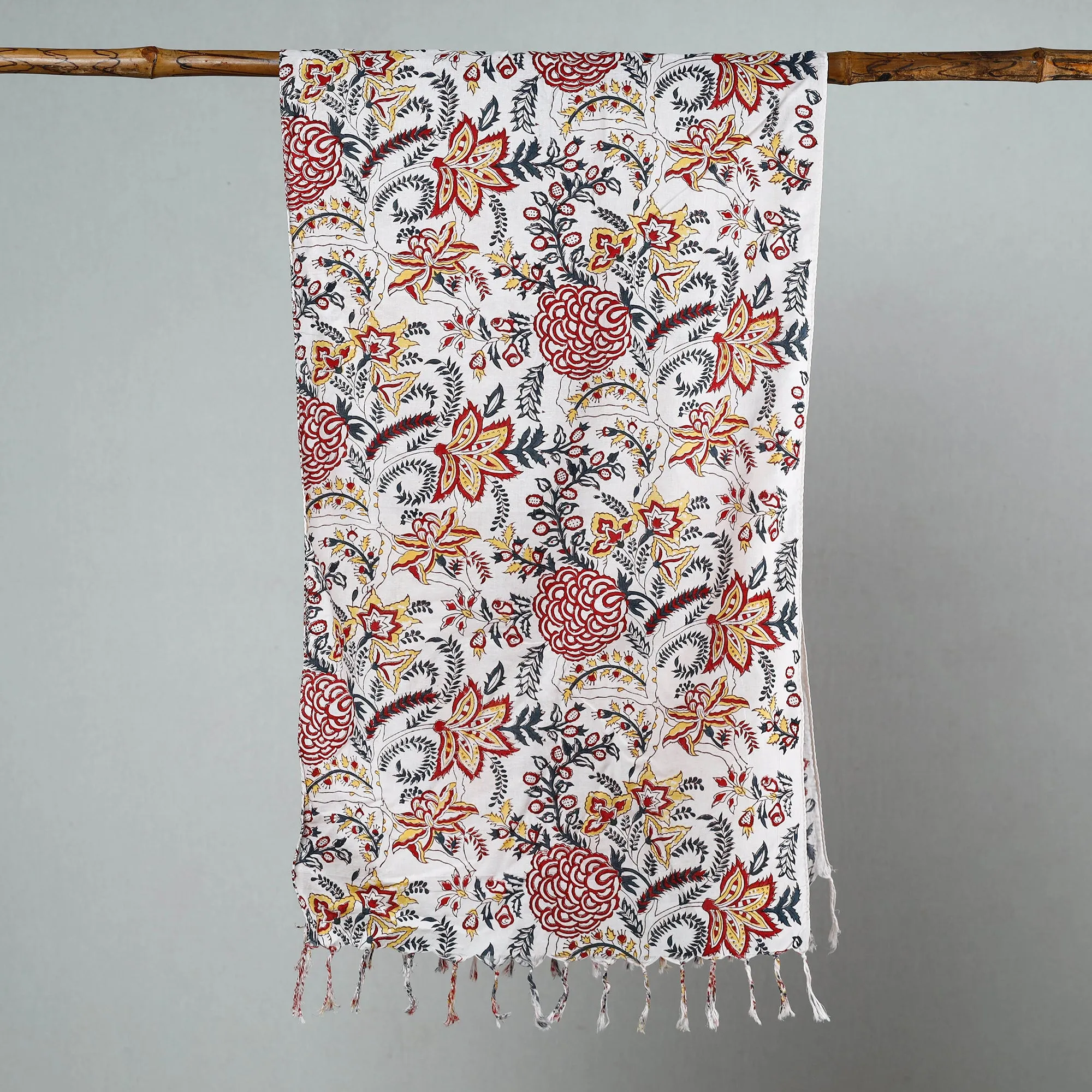 Multicolor - Sanganeri Block Printed Cotton Stole with Tassels 17