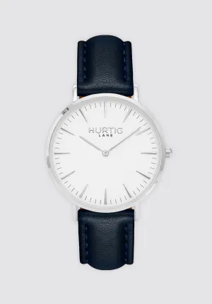 Mykonos Vegan Leather Watch Silver | White & Midnight Blue