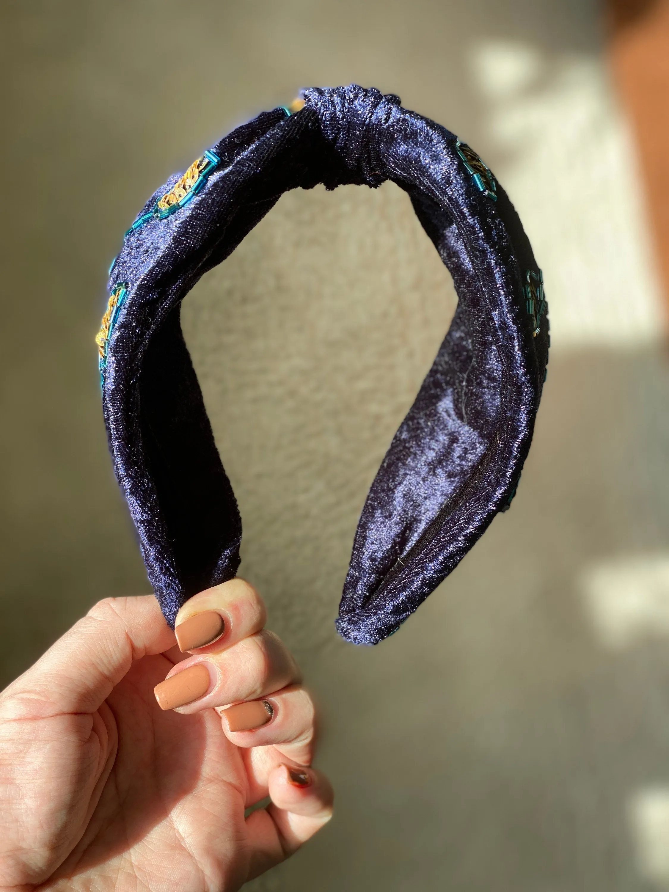 Navy blue headband gold sequin and blue beads