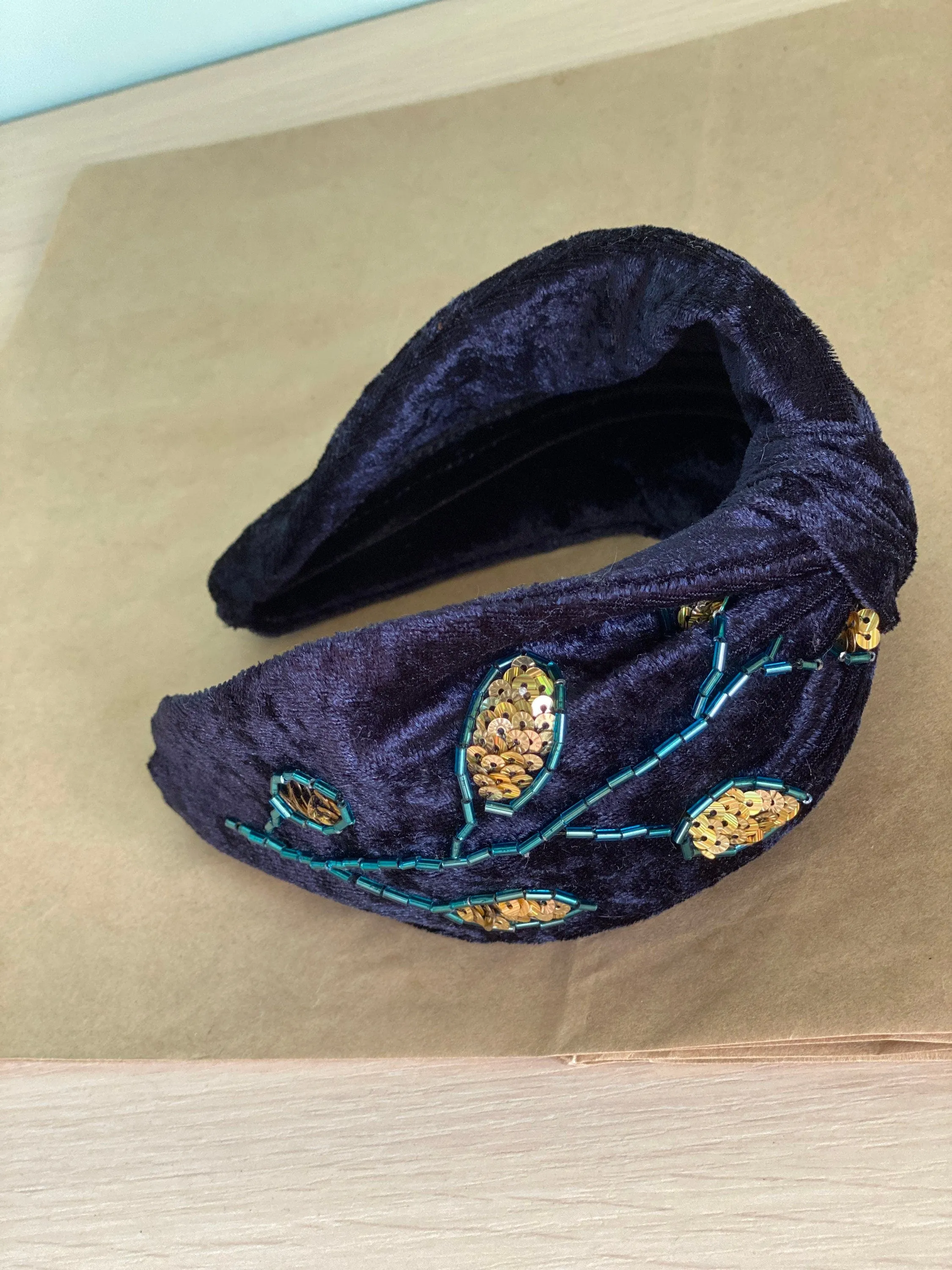 Navy blue headband gold sequin and blue beads