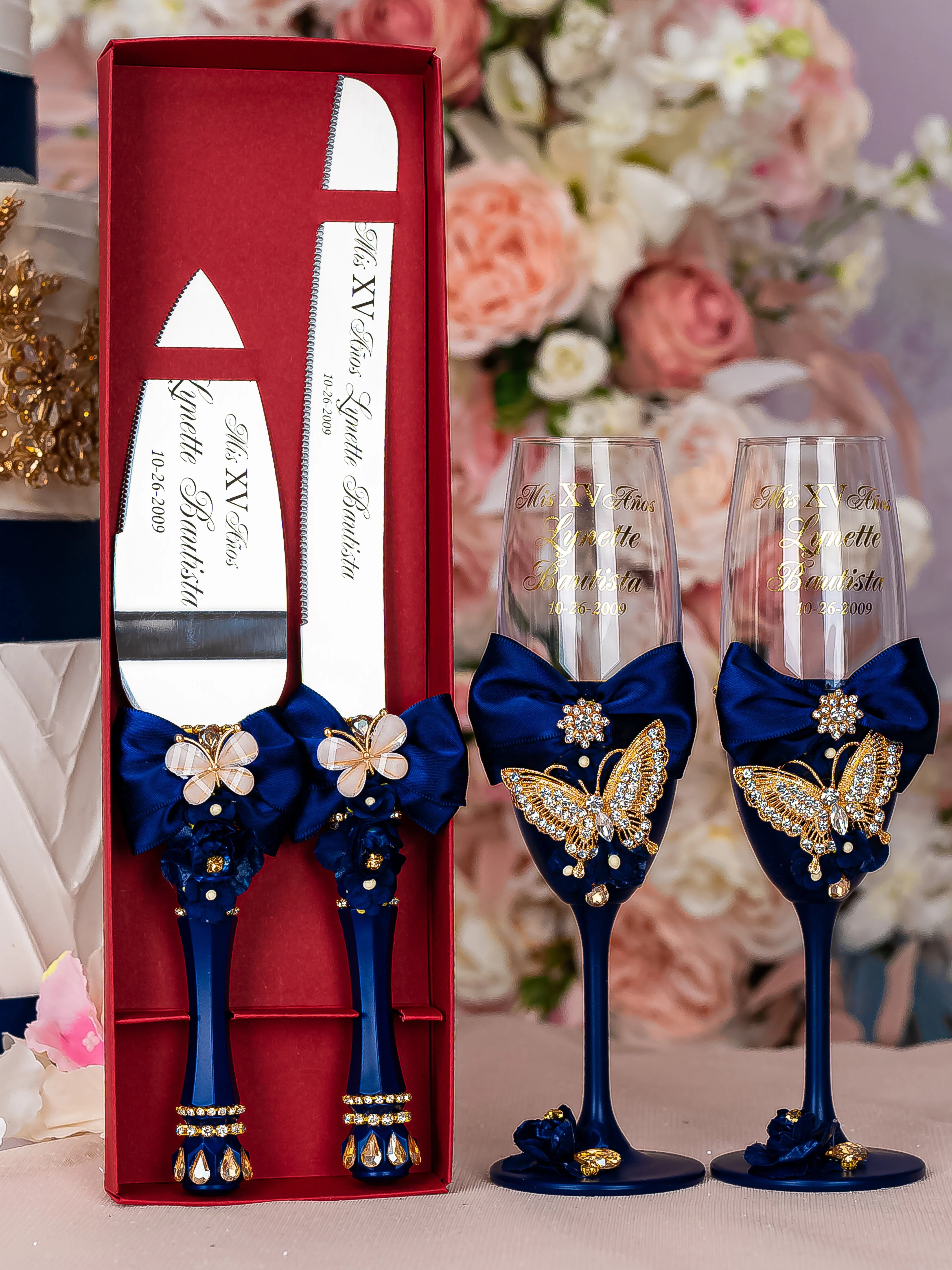 Navy blue with butterflies 2 quinceanera champagne glasses