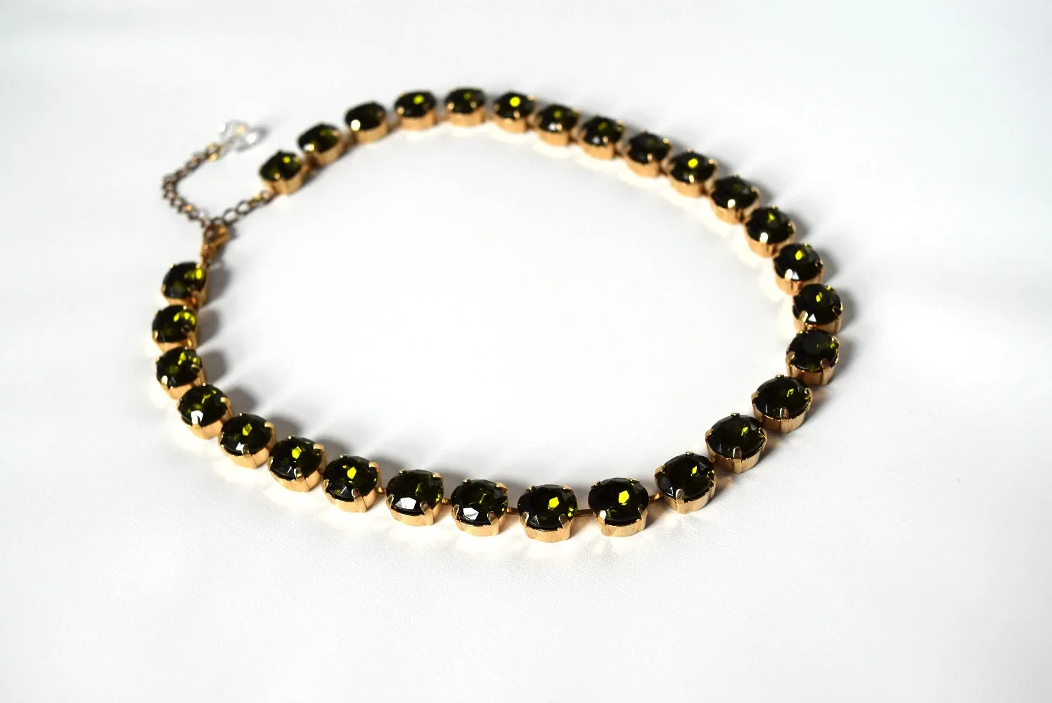 Olive Green Crystal Collet Necklace - Small Oval