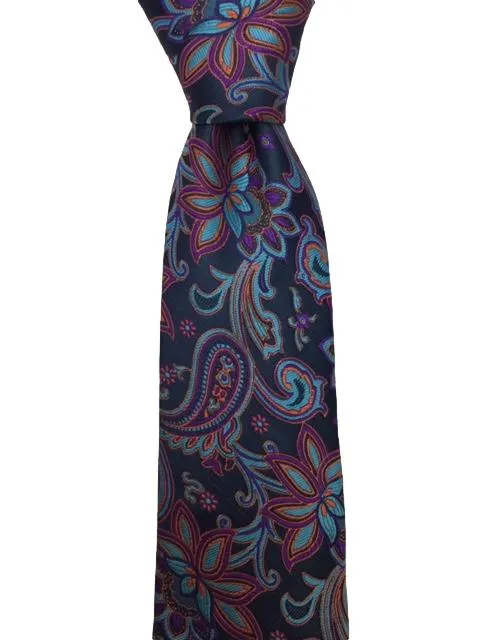 Orange, Purple, Turquoise Floral Paisley Navy Blue Tie