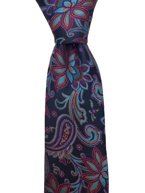 Orange, Purple, Turquoise Floral Paisley Navy Blue Tie