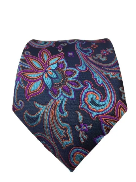 Orange, Purple, Turquoise Floral Paisley Navy Blue Tie