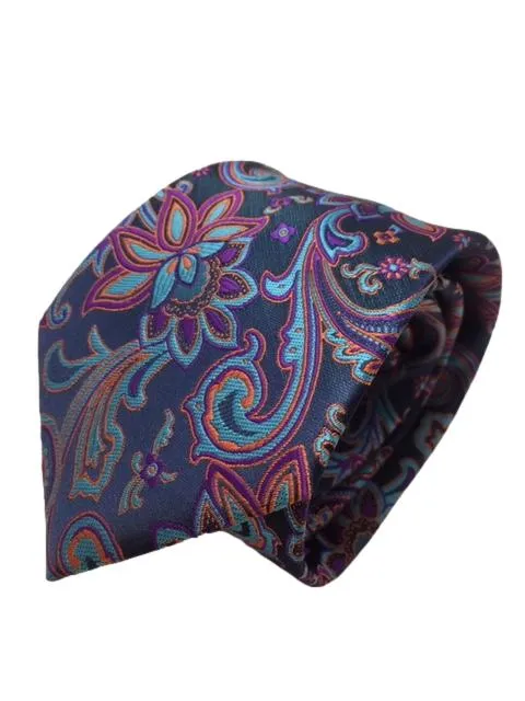 Orange, Purple, Turquoise Floral Paisley Navy Blue Tie