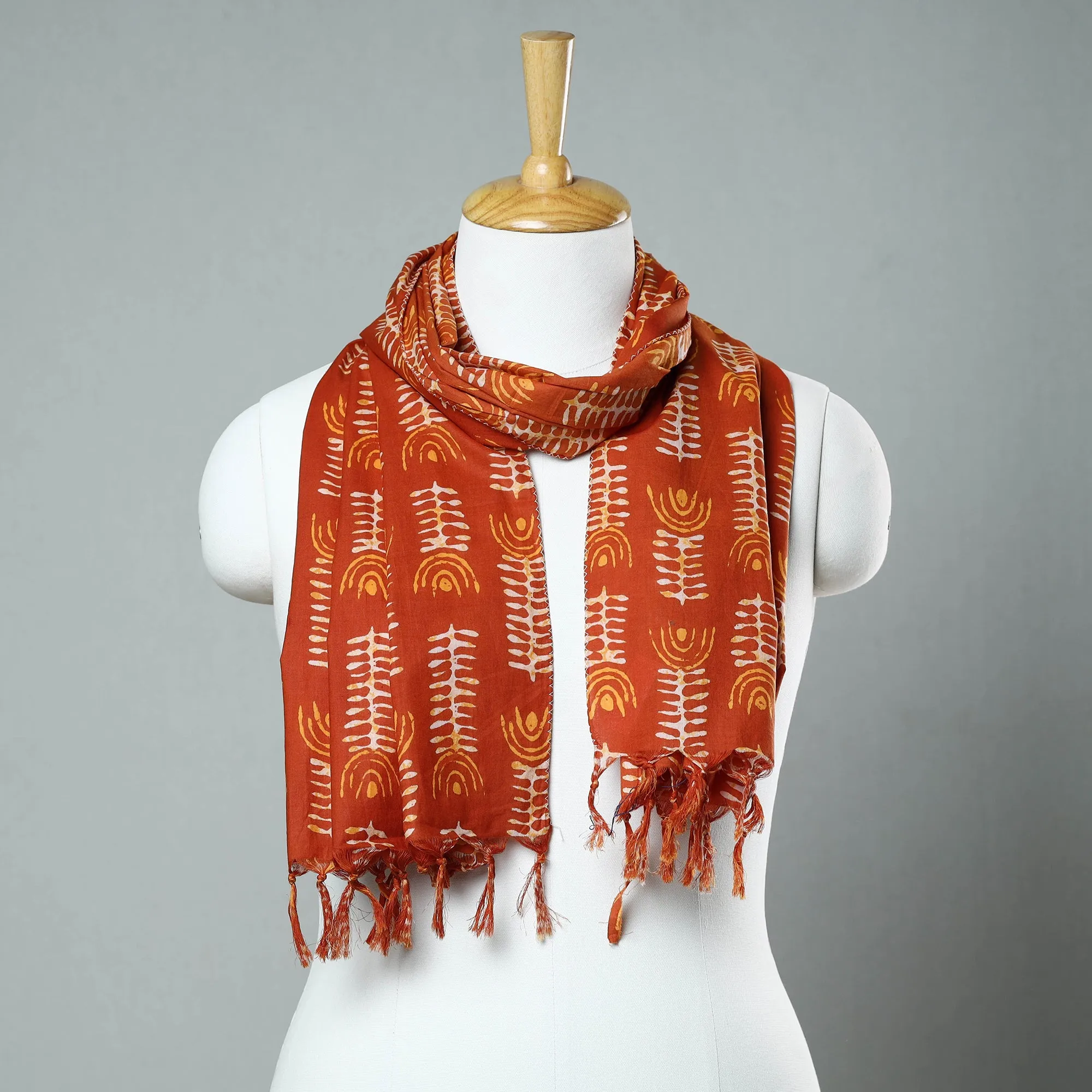 Orange - Sanganeri Block Printed Cotton Stole with Tassels 21