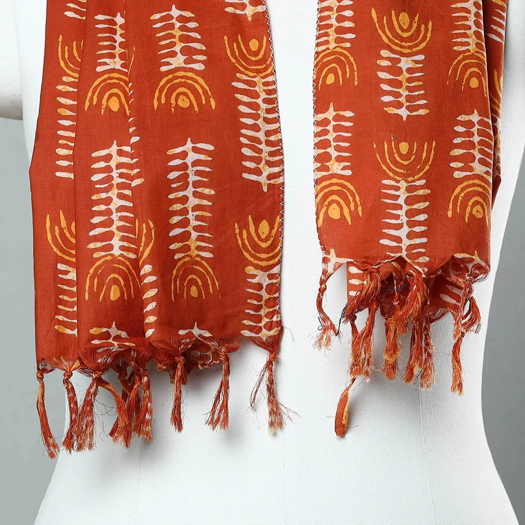 Orange - Sanganeri Block Printed Cotton Stole with Tassels 21