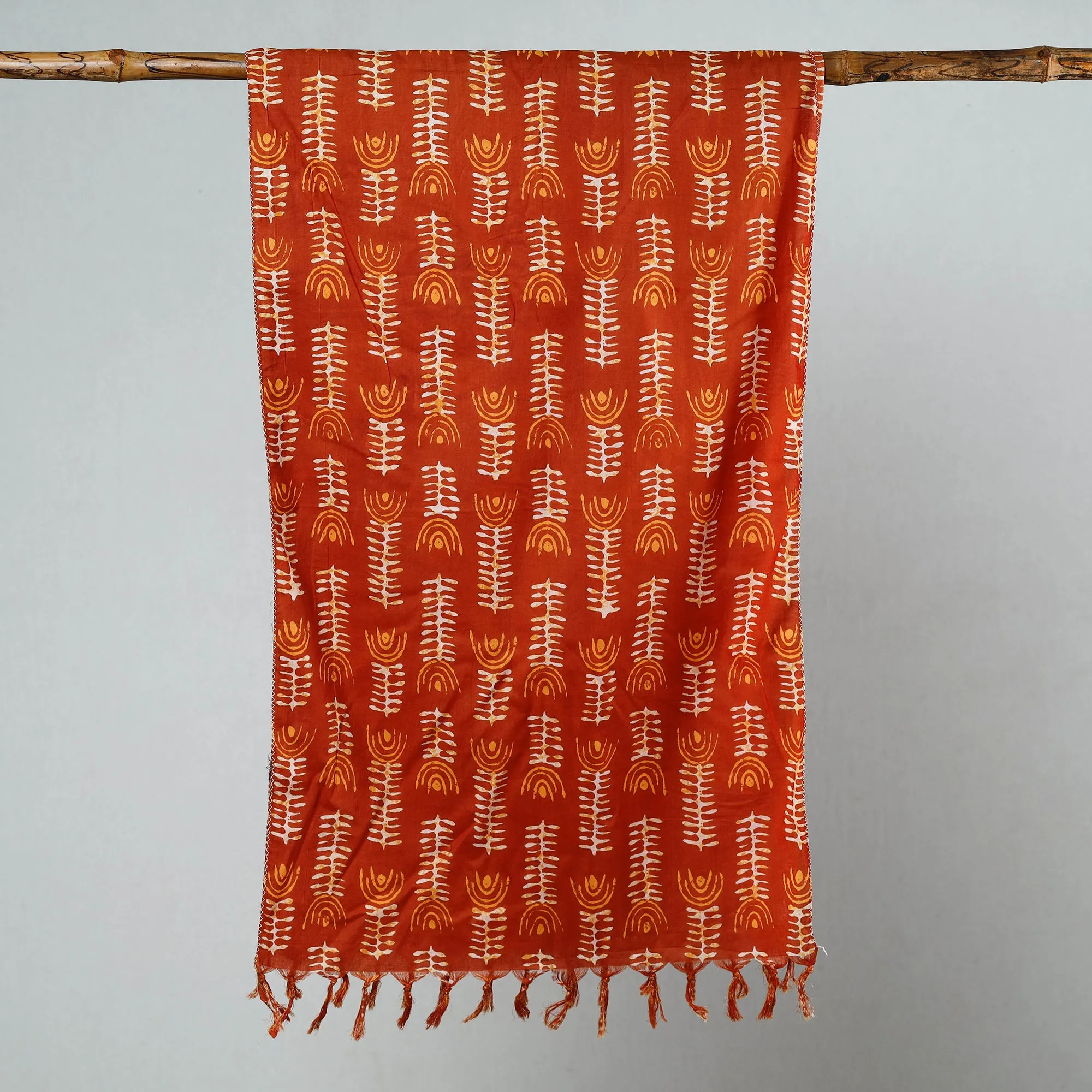 Orange - Sanganeri Block Printed Cotton Stole with Tassels 21